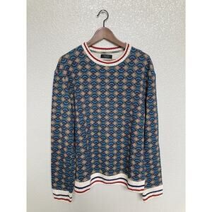 NWOT Zara Man Blue Red Geometric Large pull over sweater crewneck cotton unique